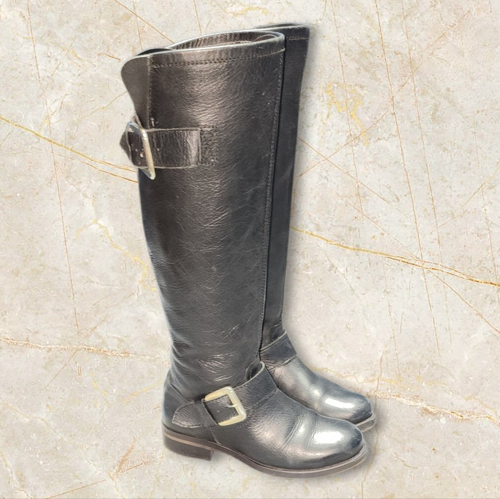 Women Vintage Leather Black Tall Moto Boots By Steve Madden Size 6/6.5